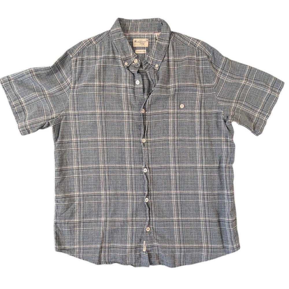 Weatherproof Vintage Mens XL Blue Plaid Linen Blend Short Sleeve Button Shirt